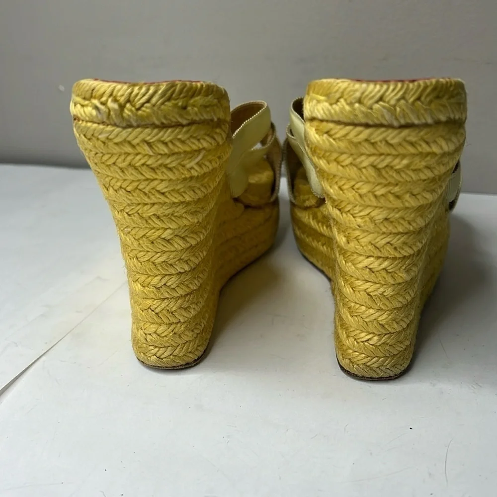 Christian Louboutin Sz 6 Yellow Ribbon Espadrille Wedges Heels Backless Sandals